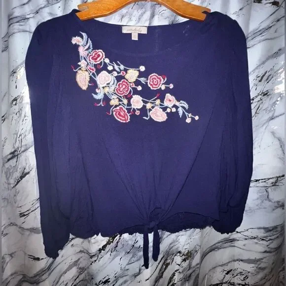 Wonderly Navy Bat Sleeve Floral Top M - Picture 2 of 7